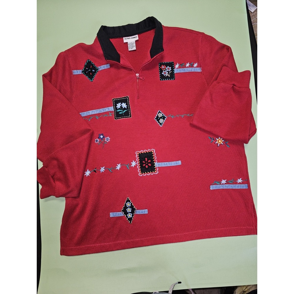 Alfred Dunner Red Embroidered Quarter Zip Collared Long Sleeve Top Women L‎